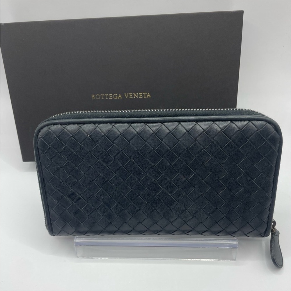 Bottega Veneta Black Intrecciato Leather Zip Around Wallet